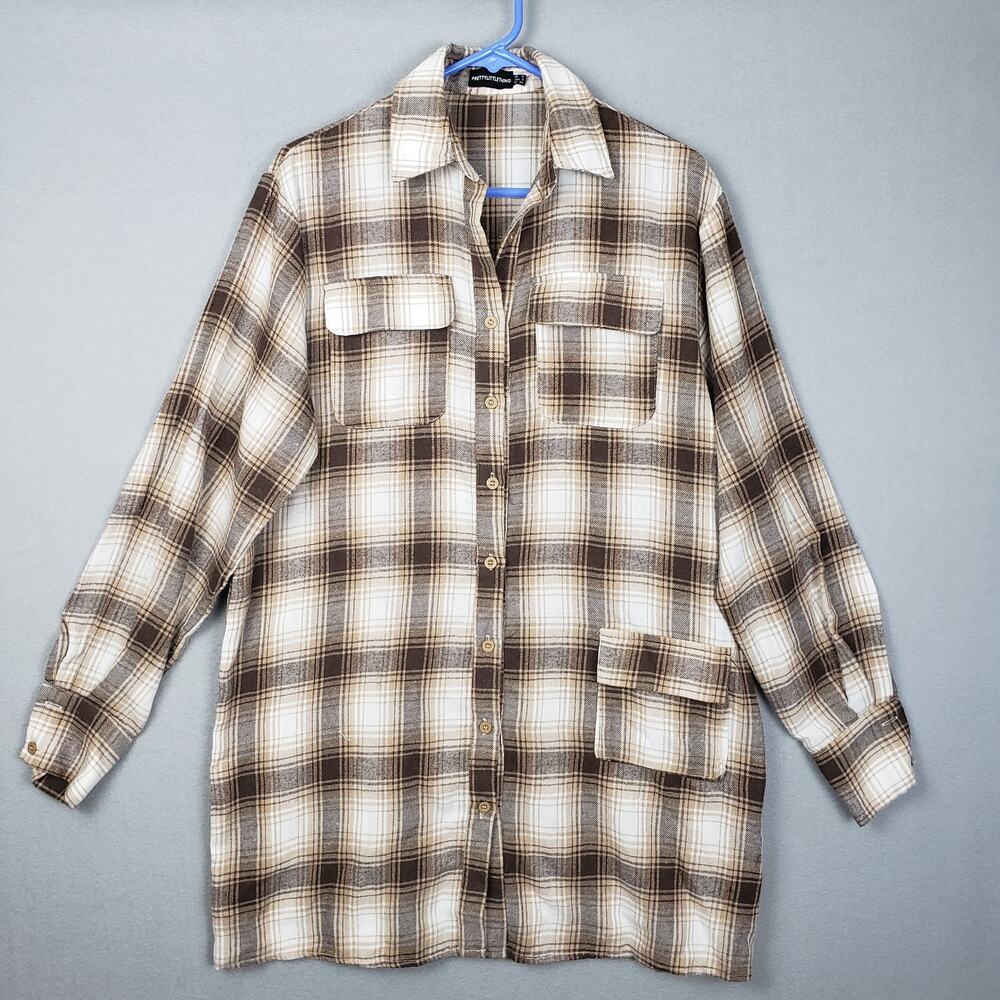 Pretty Little Thing Size 2 Stone Checked‎ Plaid Oversized Button Up Beige Brown